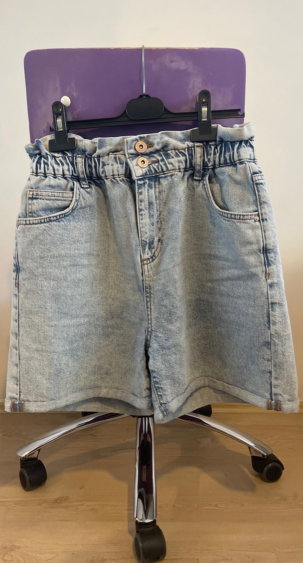 Kadın mavi Beli Lastikli Kemerli Kot Şort - Görsel 4