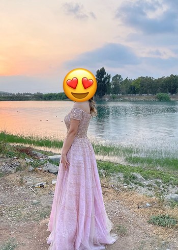 s Beden pembe Renk Pembe Dantel İşlemeli Uzun Abiye Elbise