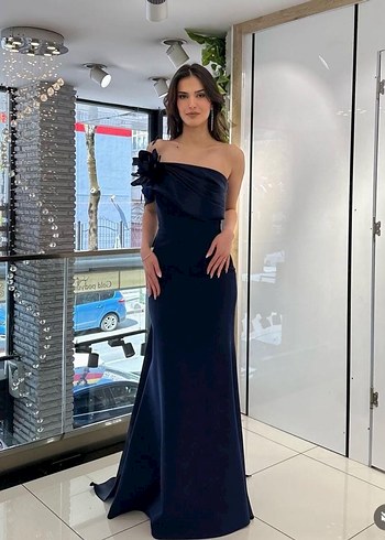 Lacivert Drapeli Straplez Uzun Abiye Elbise - Görsel 2