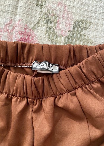 36 Beden Kadın Parlak Kahverengi Bol Kesim Kumaş Pantolon