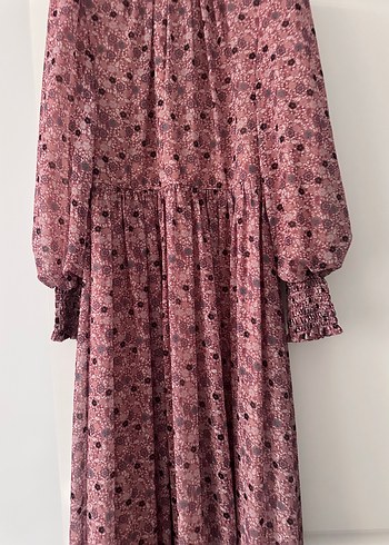 Pembe Bağlama Desenli Uzun Bohem Elbise