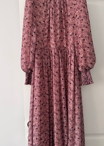 Pembe Bağlama Desenli Uzun Bohem Elbise