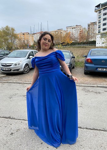 46 Beden mavi Renk Uzun Drapeli Mavi Kadın Abiye Elbise