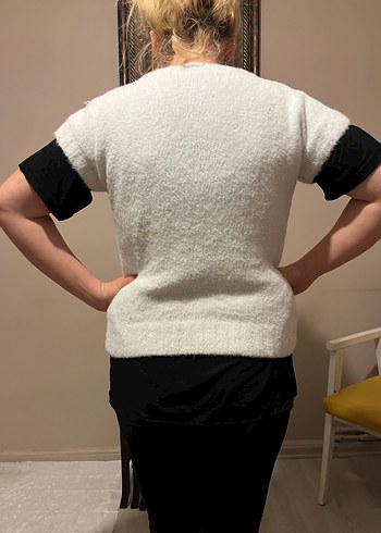 V Yaka Beyaz Örgü Kadın Süveter - Görsel 4