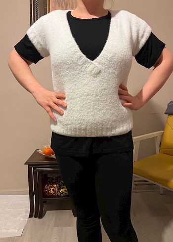 V Yaka Beyaz Örgü Kadın Süveter - Görsel 2