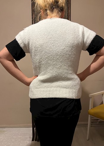 V Yaka Beyaz Örgü Kadın Süveter - Görsel 5