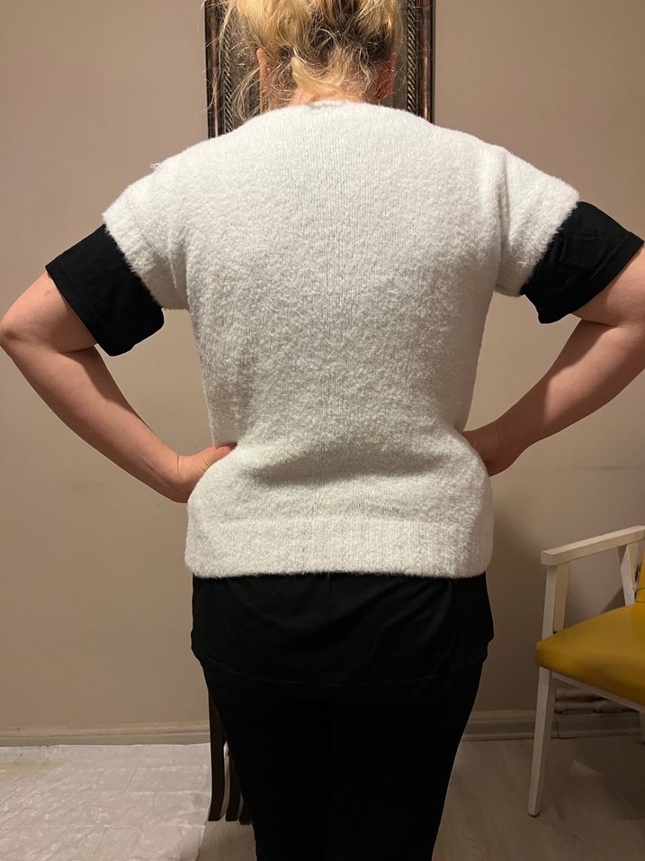 V Yaka Beyaz Örgü Kadın Süveter - Görsel 4