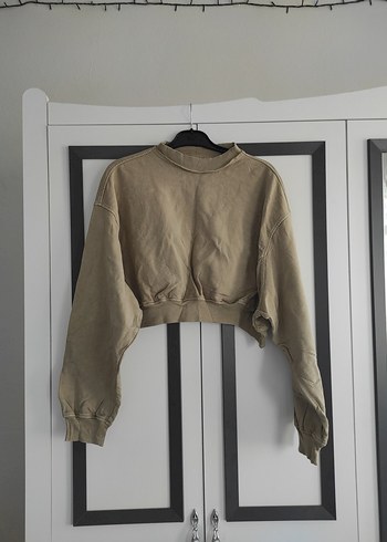 bej kadın %100 pamuklu crop sweatshirt