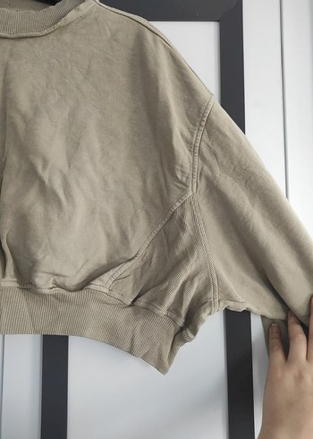 m Beden bej kadın %100 pamuklu crop sweatshirt