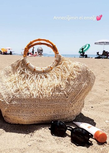 Püsküllü Camel Örgü Plaj Çantası