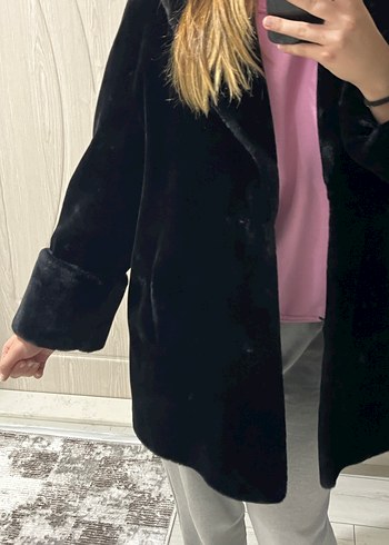 Siyah Kadın Kürk Detaylı Midi Kaban - Görsel 5