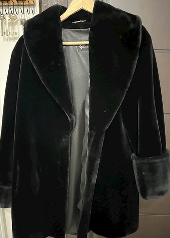 Siyah Kadın Kürk Detaylı Midi Kaban - Görsel 6