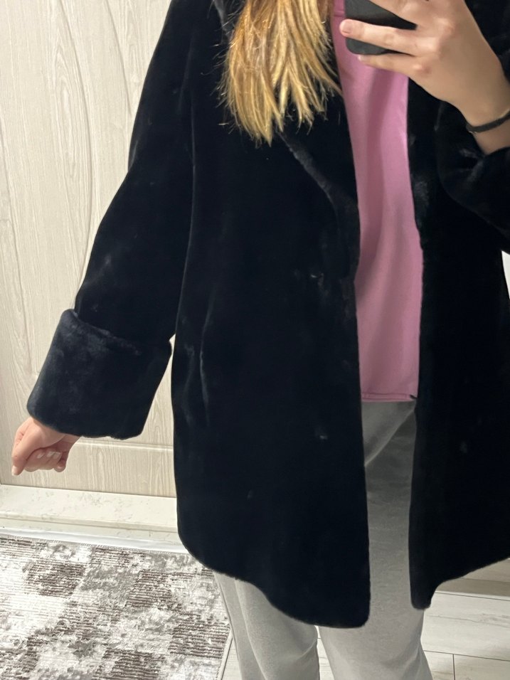 Siyah Kadın Kürk Detaylı Midi Kaban - Görsel 5