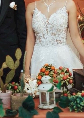 V Yaka Bohem Beyaz A Kesim Uzun Gelinlik - Görsel 4