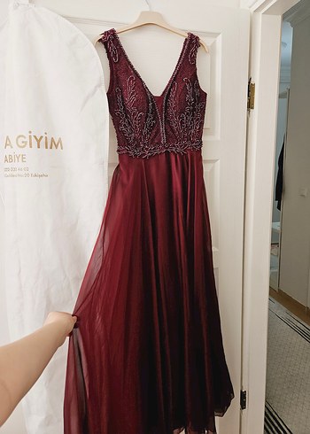 Diğer Bordo İşlemeli Boncuk Detaylı Uzun Abiye Elbise