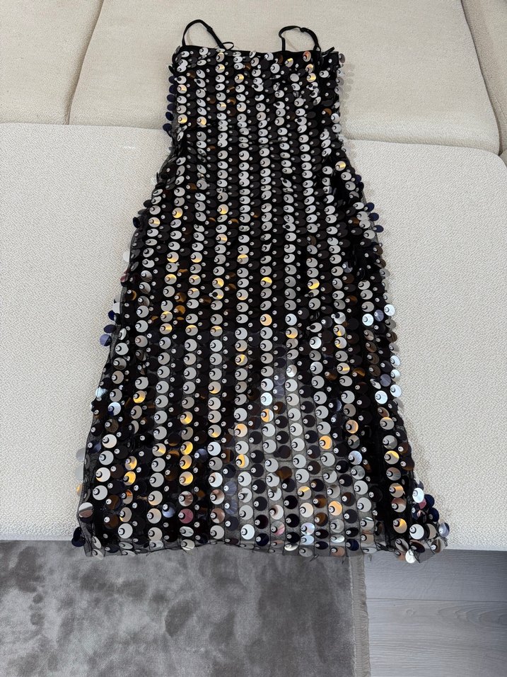 Parlak Siyah Puantiyeli Uzun Abiye Elbise - Görsel 3