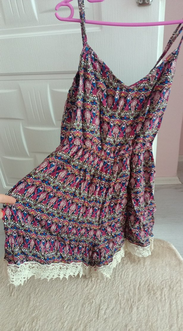 Bohem Çok Renkli V Yakalı Midi Tulum - Görsel 2