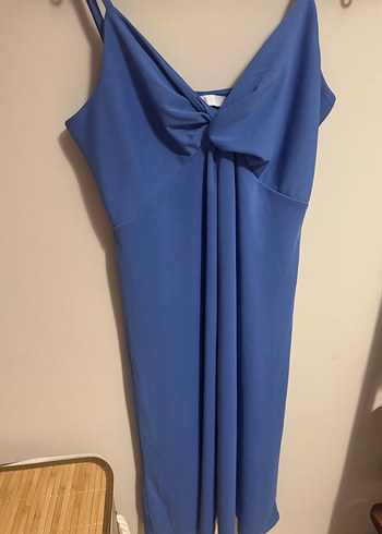H&M Mavi Drapeli V Yaka Uzun Kadın Elbise