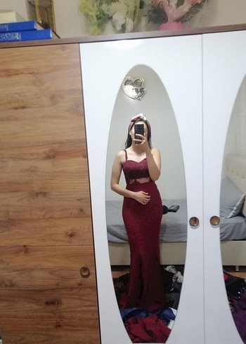 Abiye Bordo Parlak Midi İnce Askılı Elbise