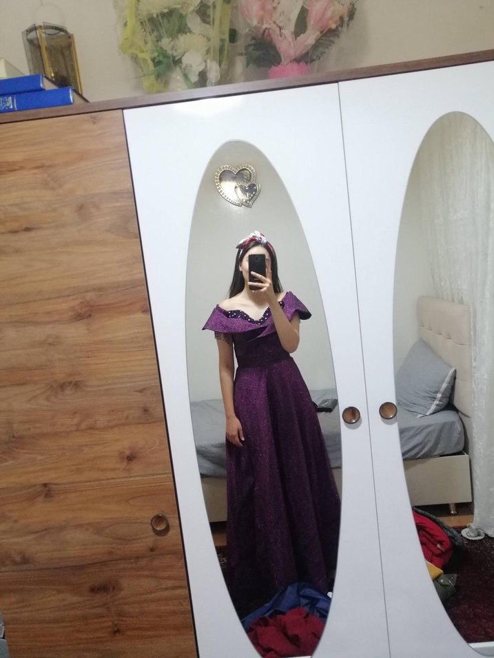 Uzun Mor Drapeli Kadın Abiye Elbise - Görsel 2