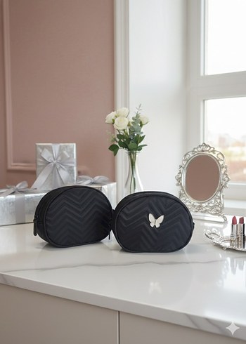 Fermuarlı Siyah Nakışlı Makyaj Çantası - Görsel 3