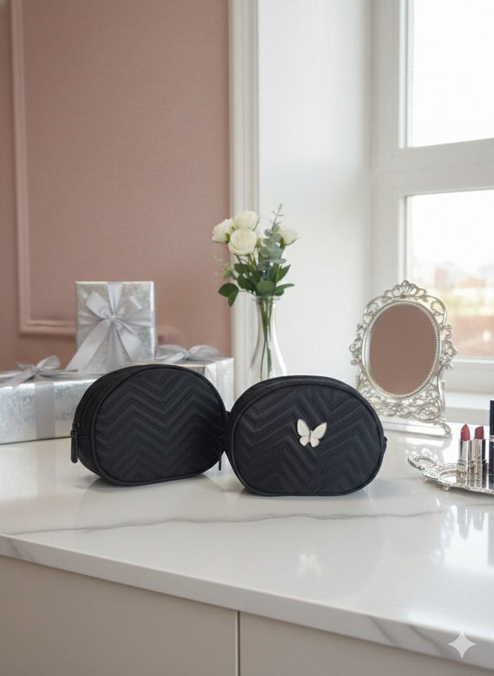 Fermuarlı Siyah Nakışlı Makyaj Çantası - Görsel 2