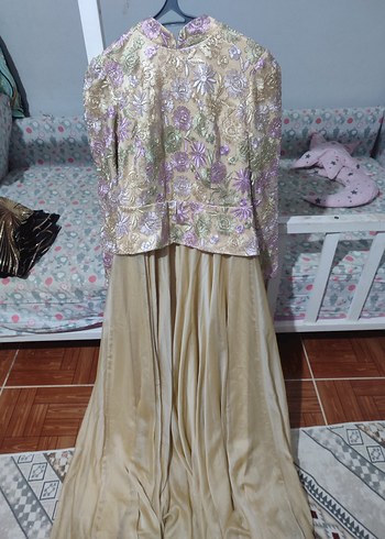 Bej Nakışlı Vintage Uzun Kadın Abiye