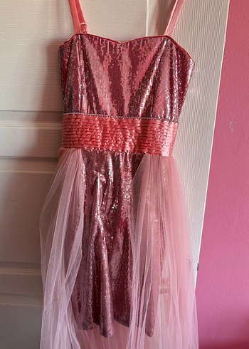 Pembe Parlak Askılı Drapeli Kız Elbisesi - Görsel 2