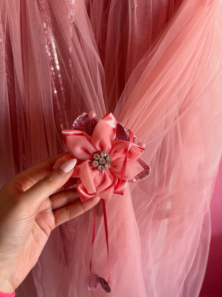 Pembe Parlak Askılı Drapeli Kız Elbisesi - Görsel 4