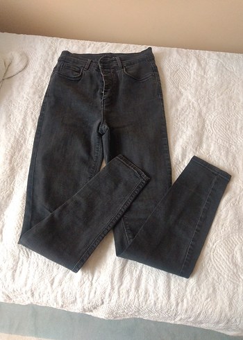 Düğmeli Gri Kadın Denim Pantolon - Görsel 5