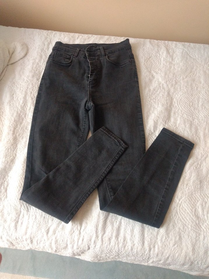 Düğmeli Gri Kadın Denim Pantolon - Görsel 5