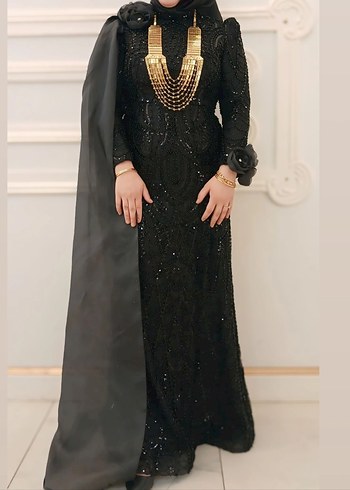 Siyah Uzun Kollu Drapeli Gotik Abiye