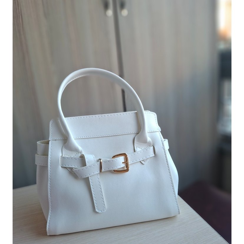 Beyaz Deri Kadın Çanta Tokalı Modern - Görsel 2