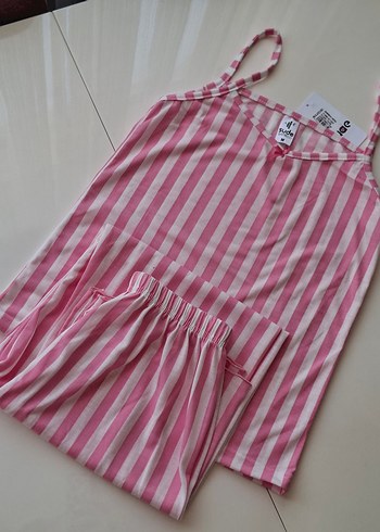 Pembe Çizgili İp Askılı uzun pijama