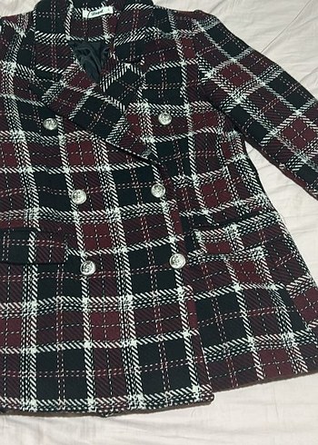 Bordo Ekose Düğmeli Kadın Midi Kaban - Görsel 2