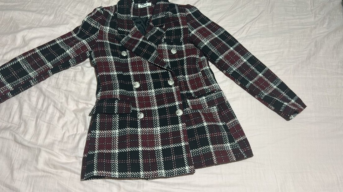 Bordo Ekose Düğmeli Kadın Midi Kaban - Görsel 2