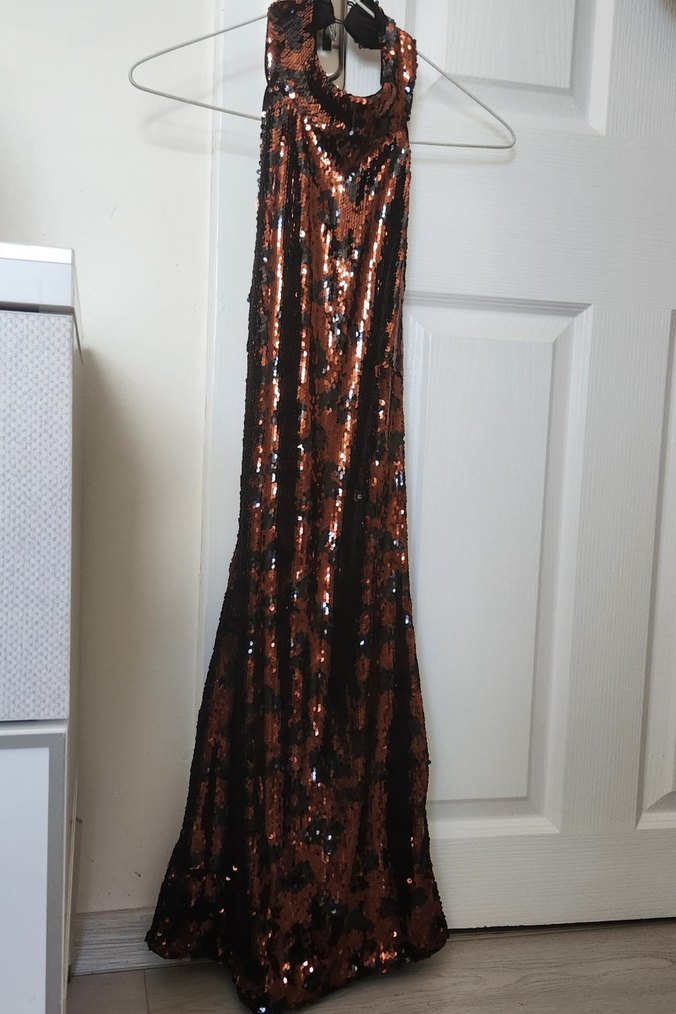 Kahverengi Pul Payetli Yılan Desenli Mini Elbise - Görsel 2