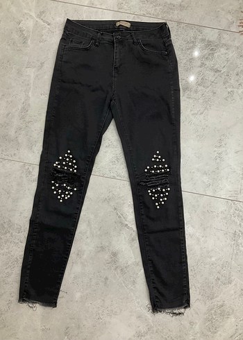 Siyah İnci Detaylı Skinny Jeans Kadın Kot Pantolon