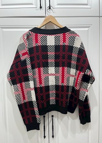 LTB Bordo Ekose Desenli Oversize Triko Hırka