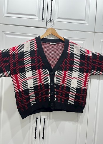 xl Beden bordo Renk Bordo Ekose Desenli Oversize Triko Hırka