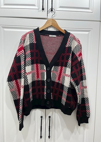 Bordo Ekose Desenli Oversize Triko Hırka
