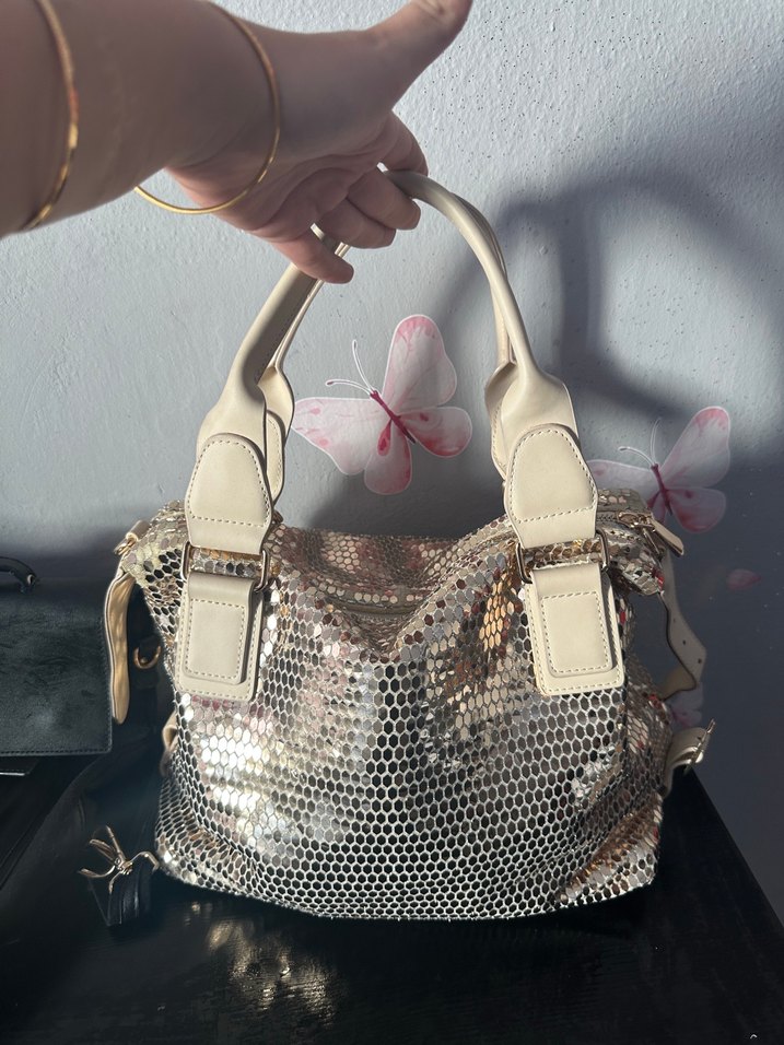 Beyaz Yılan Desenli Metalik Kadın Çanta - Görsel 3