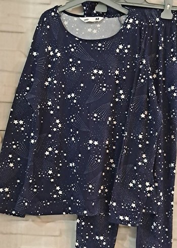 Kadın Lacivert Yıldız Desenli Uzun Kollu Pijama Takımı
