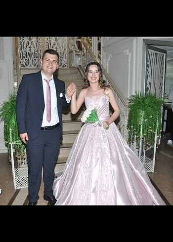 Pudra Pembe Dantel Detaylı Uzun Abiye Elbise