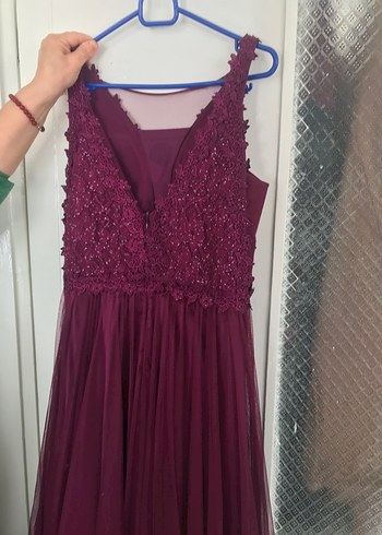 Abiye Bordo Dantel Detaylı Uzun Abiye Elbise