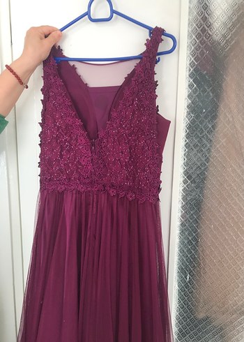 40 Beden bordo Renk Bordo Dantelli V Yaka Midi Abiye Elbise