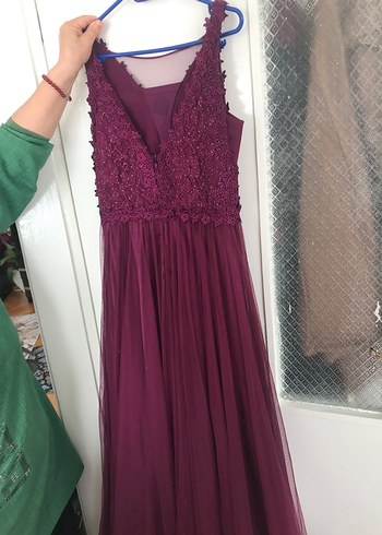 40 Beden Bordo Dantelli V Yaka Midi Abiye Elbise