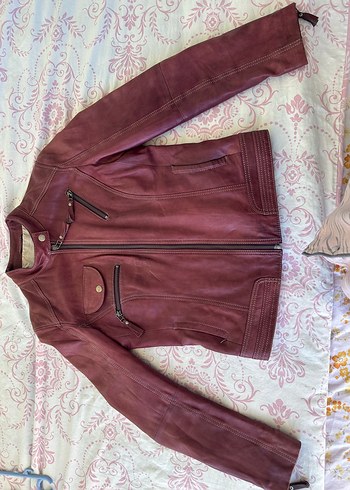 s Beden Kadın Bordo Deri Biker Ceket