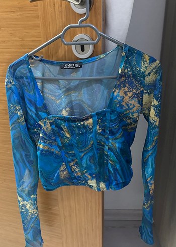 Uzun Kollu Mavi Batik Desenli Bluz