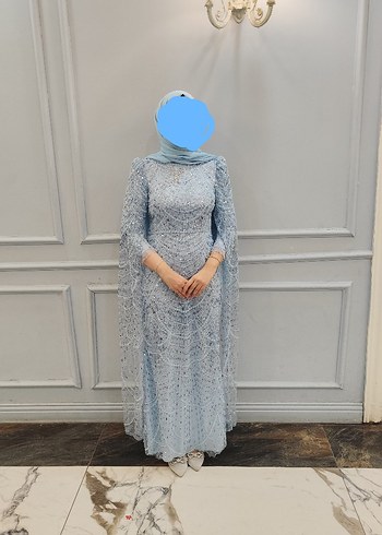 Diğer Uzun Kollu İşlemeli Mavi Abiye Elbise